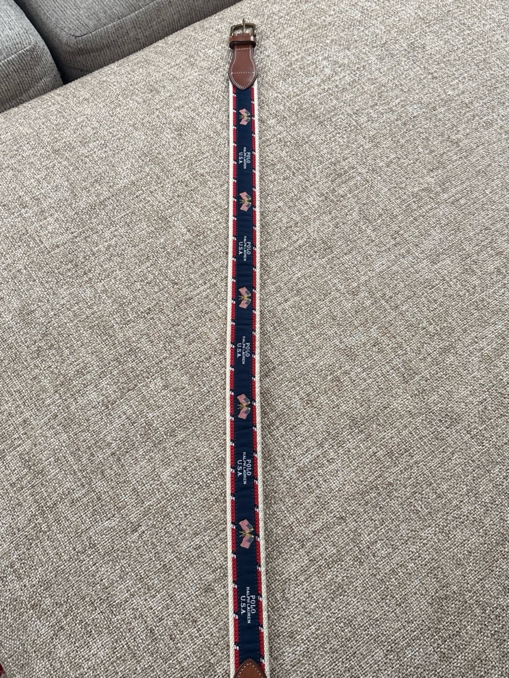 Polo by Ralph Lauren Navy, Red and White Ribbon Belt with Leather Accents
